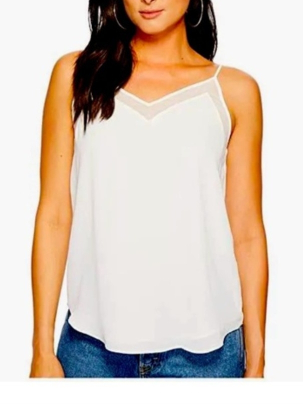 Classic White V-Neck Lined Sheer Mesh Trim Tank/Cami Top Adjustable Straps Sz S